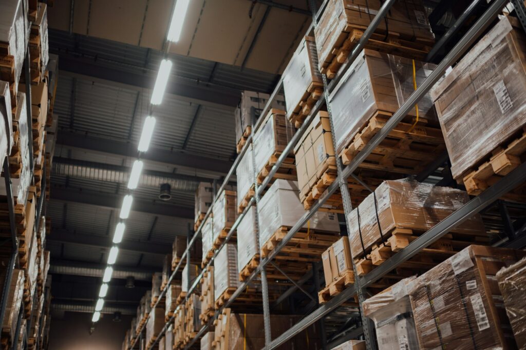 Warehouse shelves with staged cardboard freight
